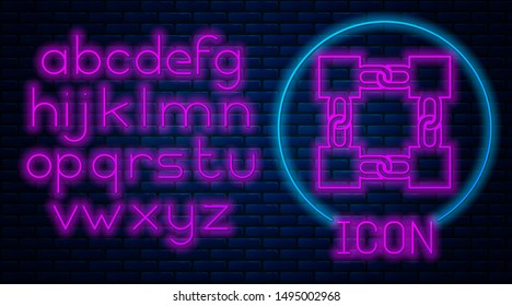 Glowing neon Blockchain technology icon isolated on brick wall background. Cryptocurrency data. Abstract geometric block chain network technology business. Neon light alphabet. Vector Illustration