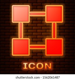 Glowing neon Blockchain technology icon isolated on brick wall background. Cryptocurrency data. Abstract geometric block chain network technology business.  Vector Illustration