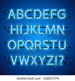 Glowing Neon Blue Alphabet. Used pattern brushes included. There are fastening elements in a symbol palette.