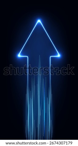 glowing neon blue arrow points upward with streaks of light against a dark background symbolizing fast progress business growth futuristic technology and modern digital innovation concept