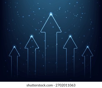 glowing neon blue arrows point upward against a dark digital background showing business growth and innovation symbolizing progress success and futuristic technology in motion