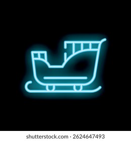 Glowing neon blue christmas santa claus sleigh silhouette icon on black background
