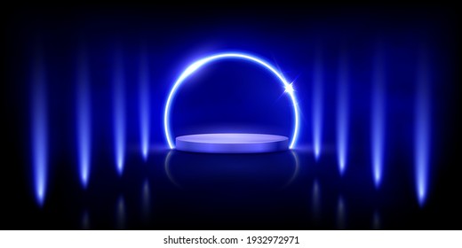 Glowing neon blue circle with sparkles on podium, spotlight lines on black background. Abstract round electric light frame. Geometric fashion design vector illustration. Minimal ring art decoration.