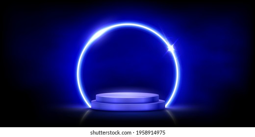 Glowing neon blue circle with sparkles in fog on podium. Abstract round electric light frame on black background. Geometric fashion design vector illustration. Empty minimal ring art decoration.