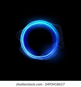 Glowing neon blue circular frame with swirling light effects. Vector illustration of a vibrant, futuristic ring on a dark background, ideal for technology or sci-fi designs.