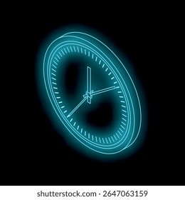 Glowing neon blue clock marking time on a dark background