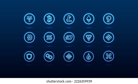 Glowing neon blue cryptocurrency icons on a dark blue background. A set of logos of crypto-coins in a round bright outline.