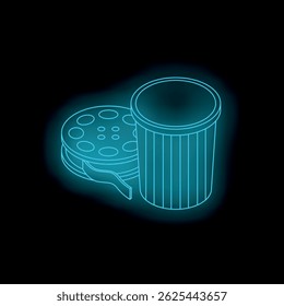Glowing neon blue film reel with soda cup, representing cinema and entertainment industry, on a dark background