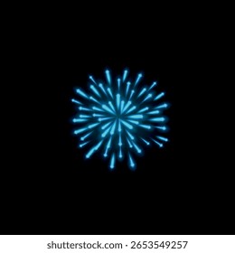 Explosão de fogos de artifício azul néon brilhante em fundo isolado preto. Pirotecnia, tema mágico. Festa, espetáculo, decoração de festivais. Fogo colorido. Ilustrador realista de vetor. Ícone.