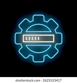Leuchtendes Neonblau-Getriebe mit Ladebalken als Symbol für den Softwareentwicklungsprozess