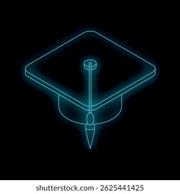 Glowing neon blue graduation cap represents academic success and the culmination of education
