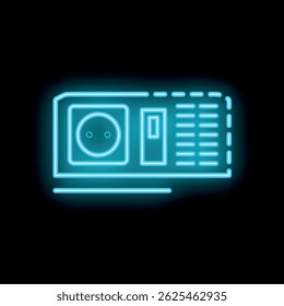 Glowing neon blue icon of a power strip with a cable and a plug, on a black background