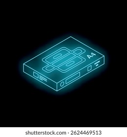 Glowing neon blue icon of reams of a4 paper on black background, isometric view