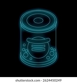 Ilustração azul neon brilhante de uma lata de comida em um fundo preto