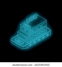 Glowing neon blue isometric building standing on a smartphone representing mobile app development and smart city on black background