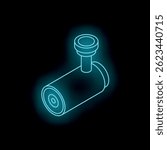 Glowing neon blue isometric security camera sign on black background