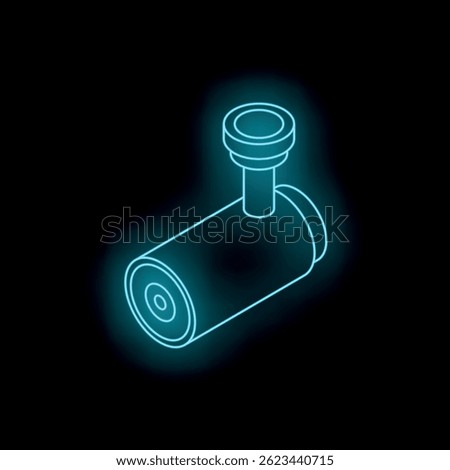 Glowing neon blue isometric security camera sign on black background