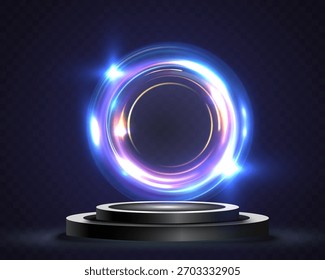 Anillo de luz azul neón brillante sobre el podio oscuro para la ceremonia de premios, presentación premium y escaparate futurista.