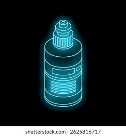 Glowing neon blue medicine or cosmetic bottle on black background, isometric view
