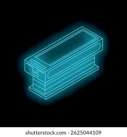 Glowing neon blue operating table on a black background, creating a futuristic medical or science fiction concept