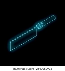Brillante contorno azul neón de la sierra trasera en proyección isométrica sobre fondo negro