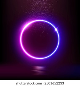 Glowing neon blue pink circle isolated on dark background. Round electric purple blue light frame with falling glitter confetti. Empty bright led cosmic ring. Magic futuristic vector illustration.