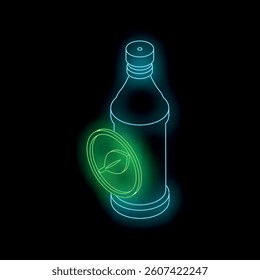 Glowing neon blue plastic bottle with green leaf isometric view on black background, concept of ecology and recycling