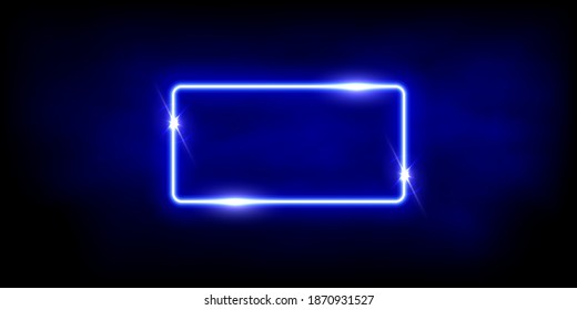 Leuchtendes neonblaues Rechteck mit Funkeln auf abstraktem Hintergrund. Elektrischer Lichtrahmen. Geometrisches Modedesign, Vektorgrafik. Leere minimale Kunstdekoration.