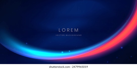Glowing neon blue and red curved light ray on dark blue background. Vector illustration