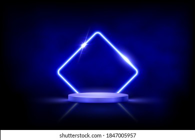 Glowing neon blue rhombus with sparkles in fog on round podium. Abstract electric light frame on black background. Geometric fashion design vector illustration. Empty minimal art decoration.