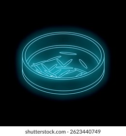 Glowing neon blue rice in a petri dish symbolizes food science research, genetic engineering, and agricultural innovation
