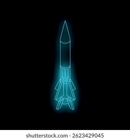 Glowing neon blue rocket launching against dark background, representing space exploration and technological advancement