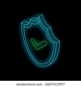 Glowing neon blue shield with a green check mark represents online security and protection