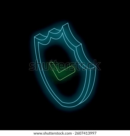 Glowing neon blue shield with a green check mark represents online security and protection