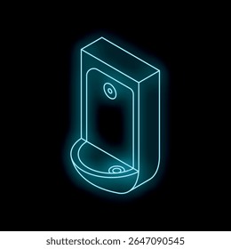 Pia azul neon brilhante no fundo preto, projeção isométrica, conceito de móveis de banheiro e design de interiores