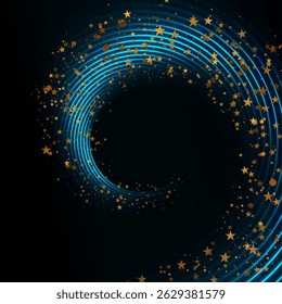 Glowing neon blue spiral lines and shiny sparkling stars abstract background. Retro laser luxury abstraction. Bright luminous vector backdrop