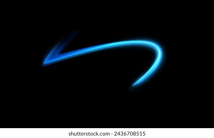 A glowing neon blue swirl trail, reminiscent of air or wind flow, glows on a black background. Realistic 3D vector illustration that captures the essence of movement.