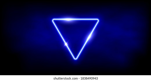 Triángulo azul neón brillante con destellos en fondo abstracto de niebla. Marco de luz eléctrica. Ilustración vectorial de diseño de moda geométrica. Decoración de arte mínima vacía.