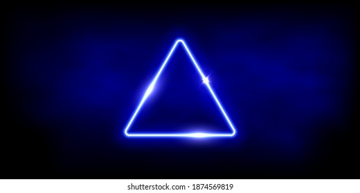 Glowing neon blue triangle with sparkles in fog abstract background. Electric light frame. Geometric fashion design vector illustration. Empty minimal art decoration.