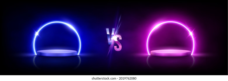 Glowing neon blue versus pink circles on podiums on black background. Abstract round electric light frames. Geometric fashion design vector illustration. Minimal rings with vs symbol.