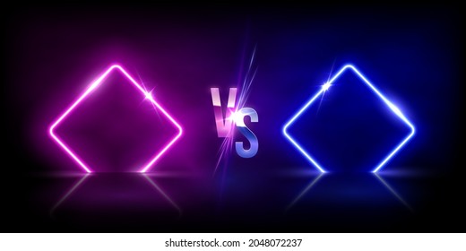 Glowing neon blue versus pink rhombuses on black background. Abstract round electric light frames. Geometric fashion design vector illustration. Minimal borders with vs symbol.