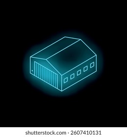 Glowing neon blue warehouse building is isolated on a black background