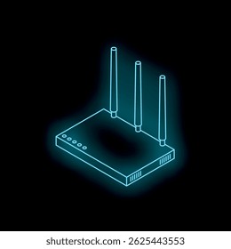 Roteador wi-fi azul néon brilhante no plano de fundo preto transmitindo dados