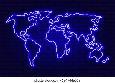 Mapa del mundo azul brillante sobre fondo de pared de ladrillo