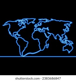 Glowing neon blue world map icon neon glow vector illustration concept