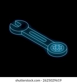 Glowing neon blue wrench floats on a black background, rendered in a three dimensional isometric style