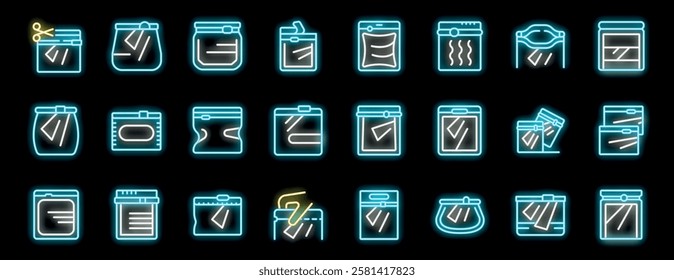 Glowing neon blue and yellow icons depict various types of vacuum sealed bags and containers, highlighting food storage and preservation techniques