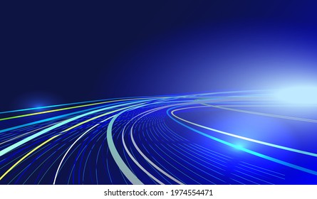 glowing neon blue yellow lines, bright lights, blue vector background, illuminated high speed traffic motion road at night, high speed effect vector, Linkedin banner, facebook cover, instagram post ad