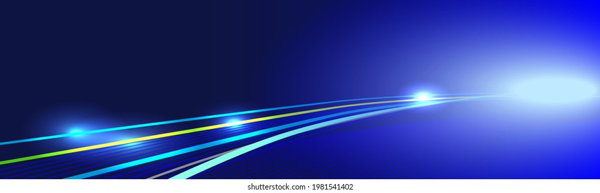 glowing neon blue yellow lines, bright lights, blue vector background, illuminated high speed traffic motion road at night, high speed effect vector, Linkedin banner, facebook cover, instagram post ad