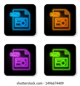 Glowing neon BMP file document. Download bmp button icon isolated on white background. BMP file symbol. Black square button. Vector Illustration